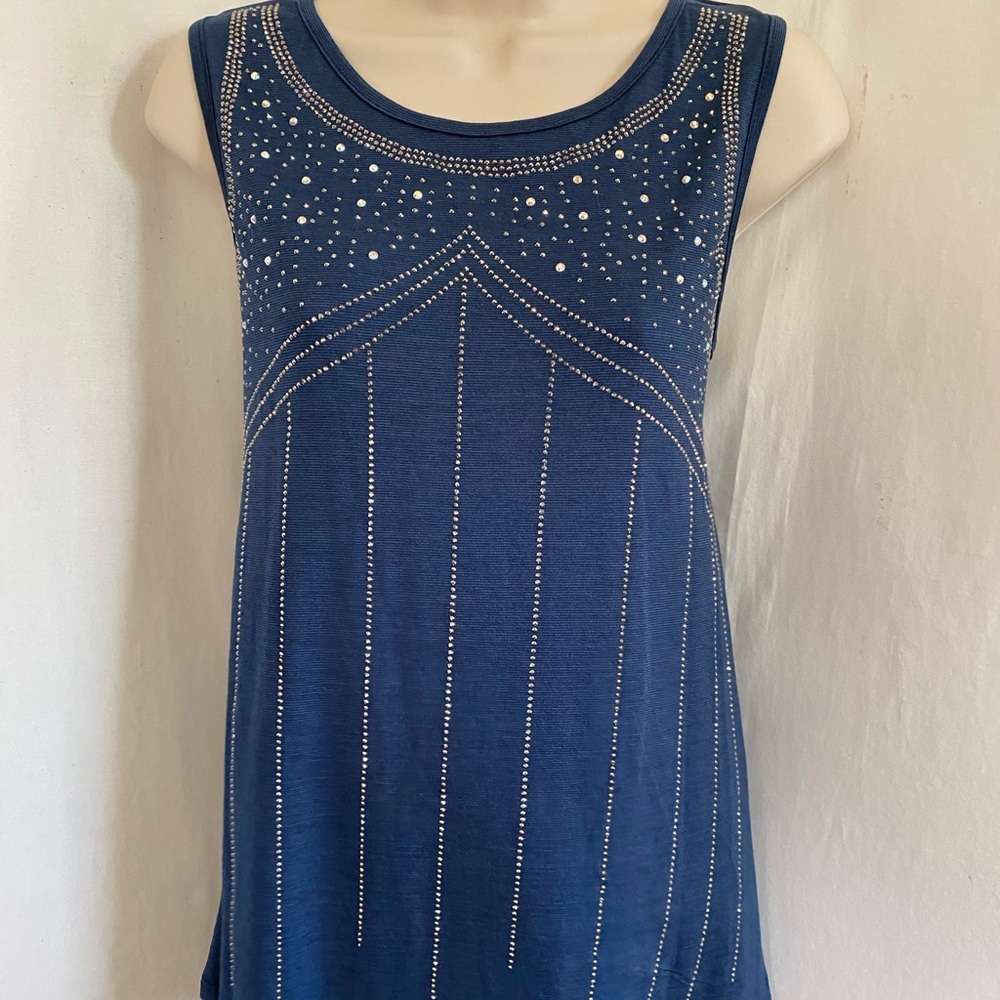 Vocal Round Neckline Rhinestone Detail Embellished Navy Sleeveless Top